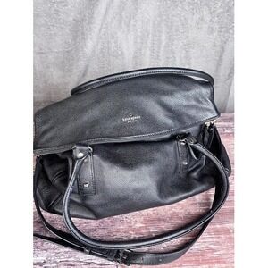 Kate Spade New York Black Leather Tote Shoulder Bag Striped Lining Purse Handbag